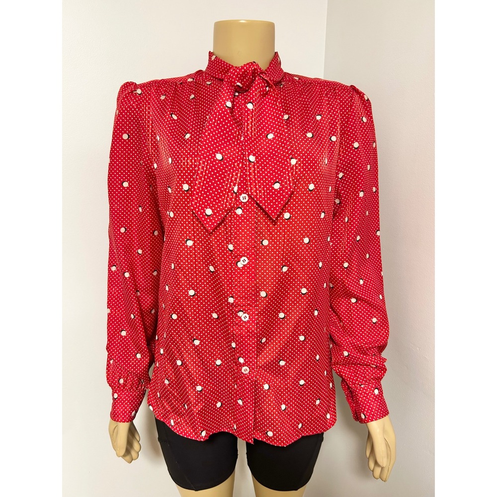 Vintage Evan-Picone 70s Red Polka Dot Bow Blouse Long Sleeve Union Made 12 M/L